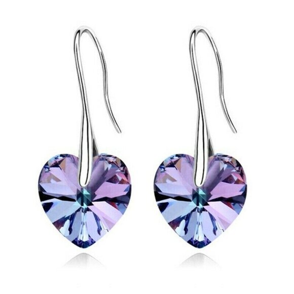 Silver Plated Mystic Purple Rhinestone Crystal Drop Hook Earrings Gorgeous Gift - Picture 2 of 3